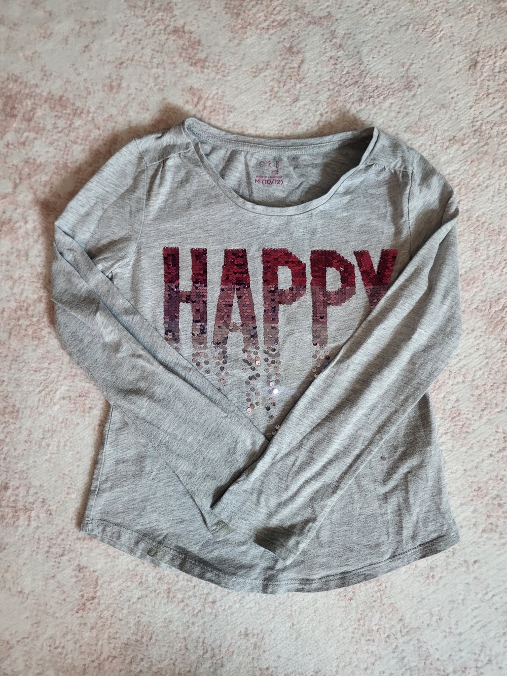 Kids Long Sleeve 'Happy' Sequin Tee - Gray